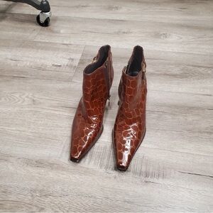 Donald J. Pliner Croc-Embossed Pointed Toe Ankle Boots in Brown